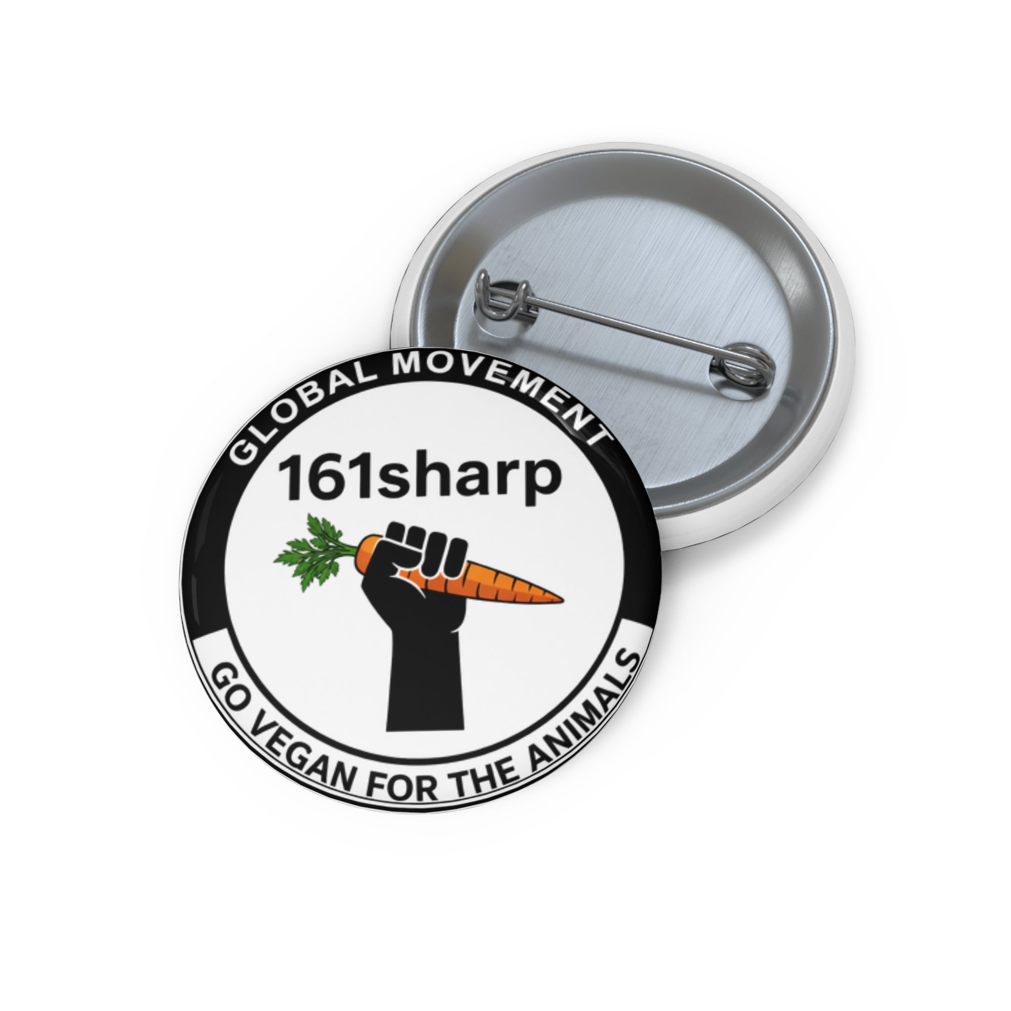 Vegan Activist Pin Button — "161sharp" Fist Holding Carrot (Go Vegan for the Animals)