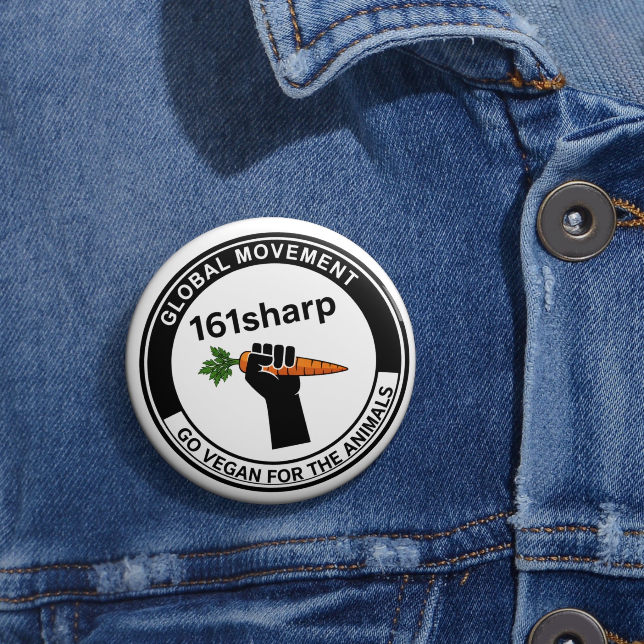 Vegan Activist Pin Button — "161sharp" Fist Holding Carrot (Go Vegan for the Animals)