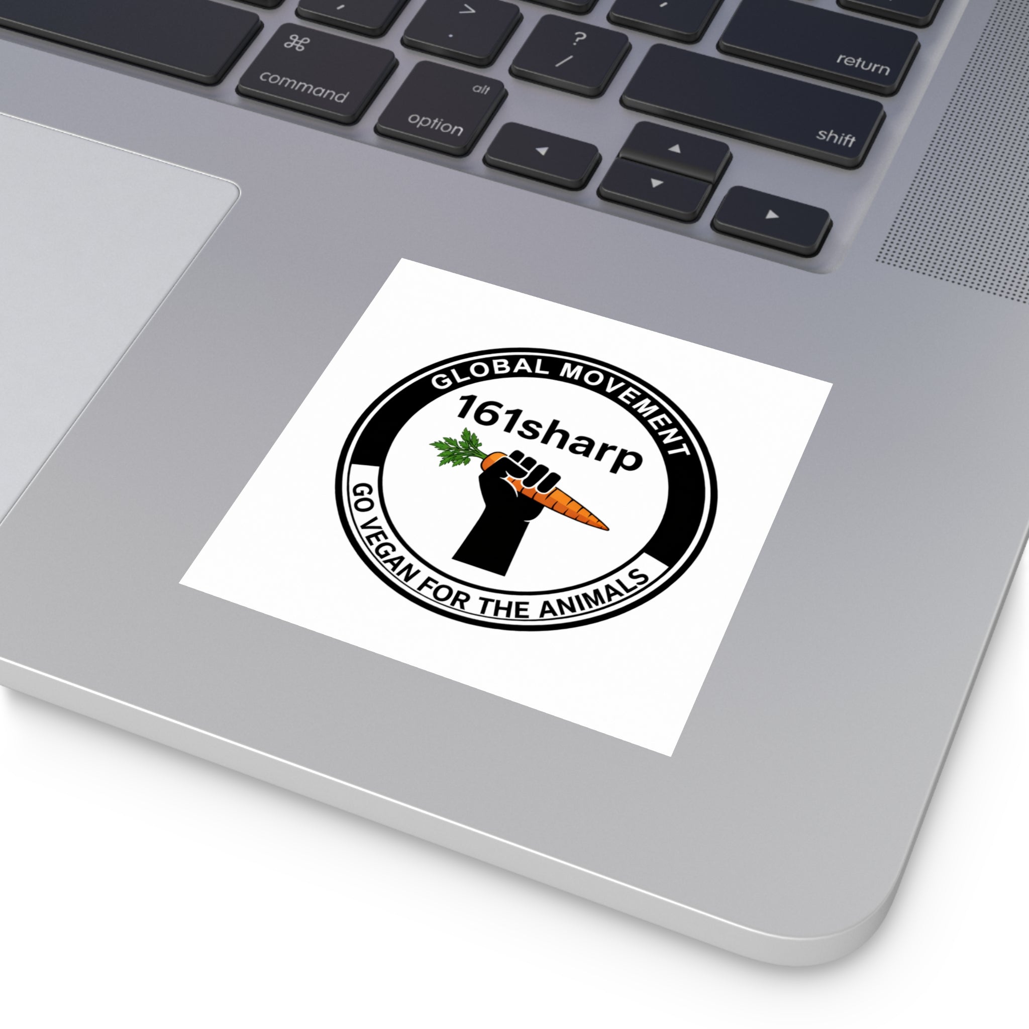 Vegan Movement Square Sticker — "161sharp" Fist with Carrot (Go Vegan for the Animals)