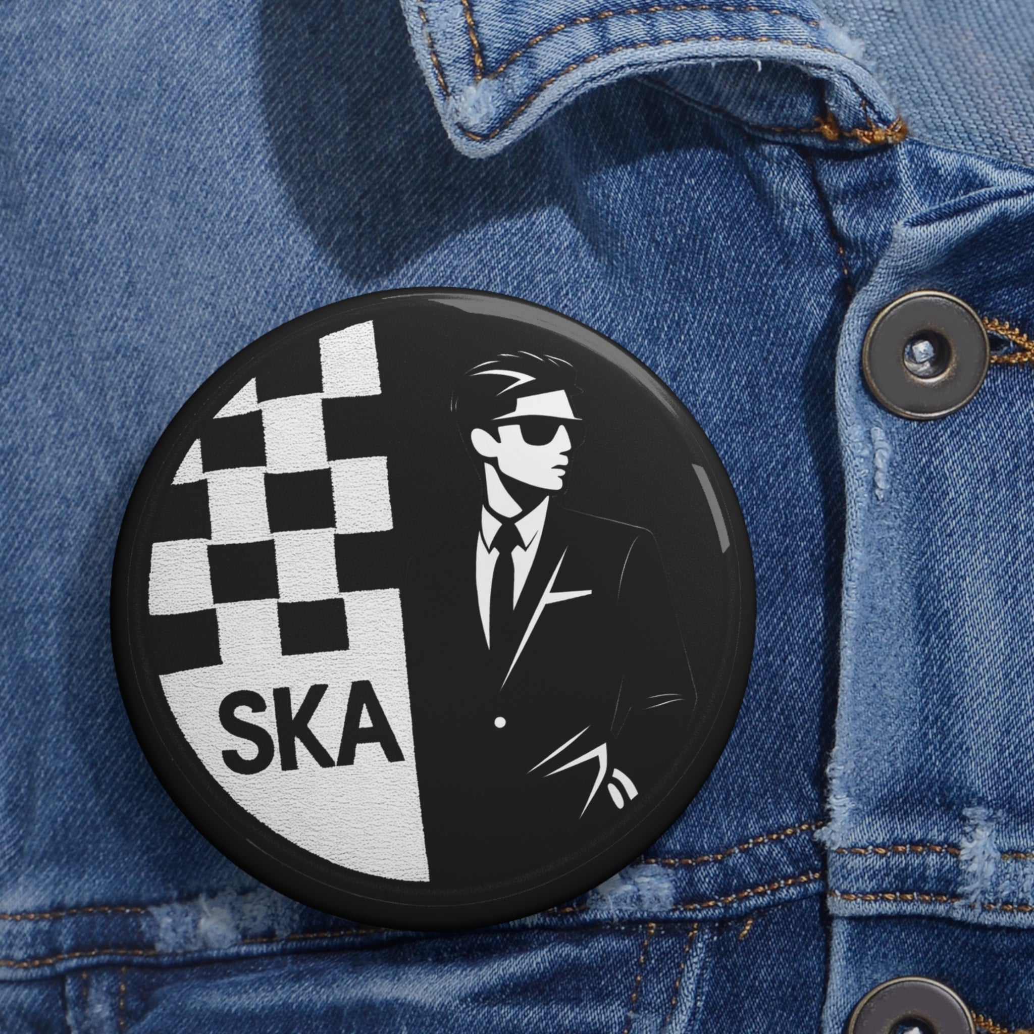 Ska Music Pin Button — Mod Two-Tone Checker Suit Badge (’SKA’ Design)